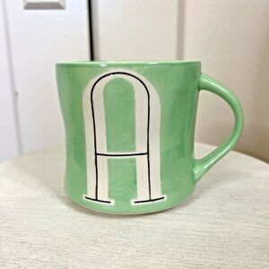 Anthropologie Letter “A” Initial Monogram Green Coffee Cup Mug Hand Painted